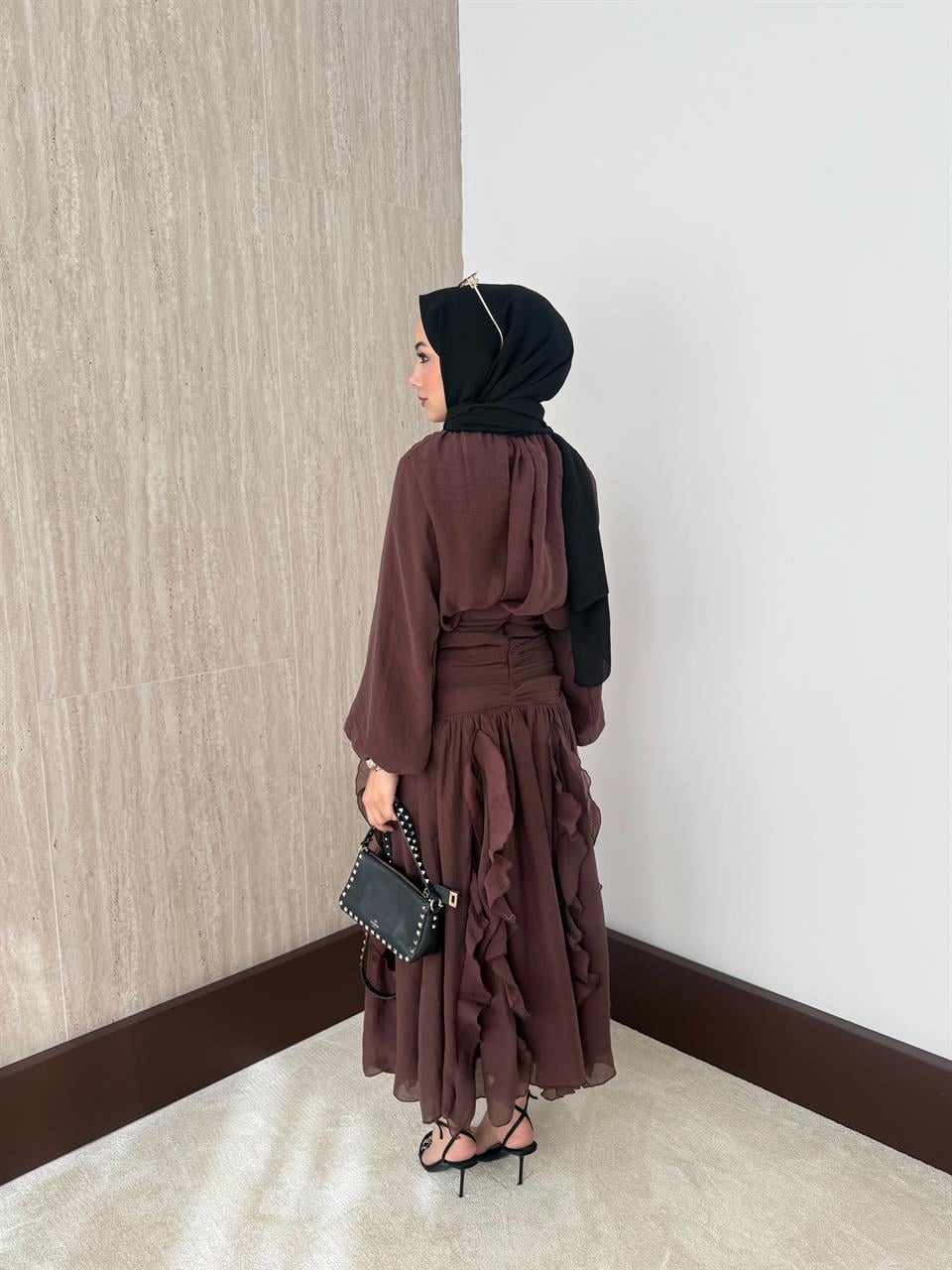 Fırfırlı Vual Etekli Takım - Kahve