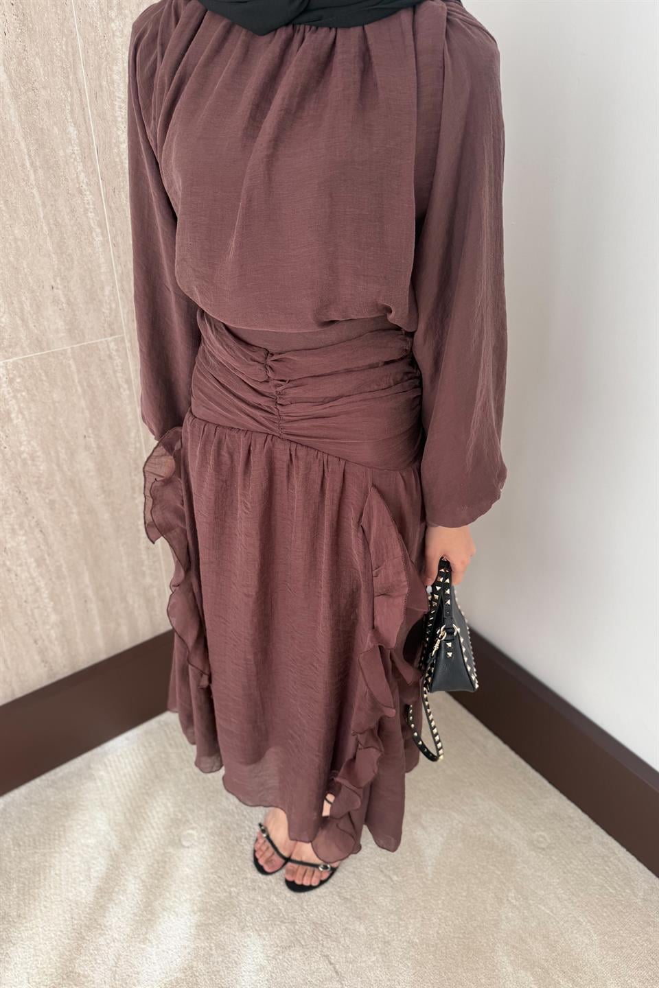 Fırfırlı Vual Etekli Takım - Kahve