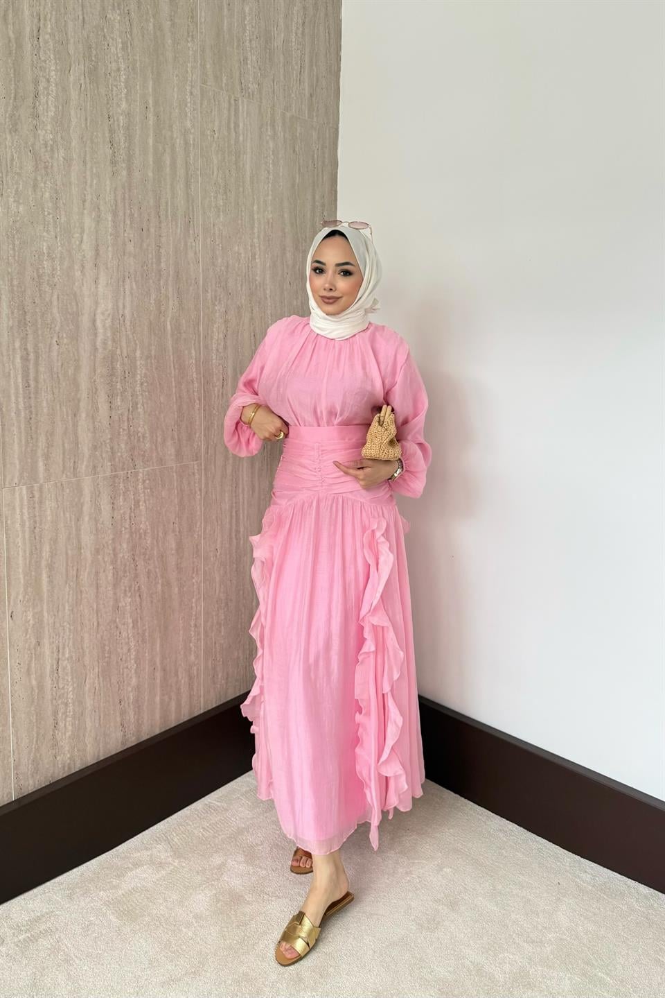 Fırfırlı Vual Etekli Takım - Pembe