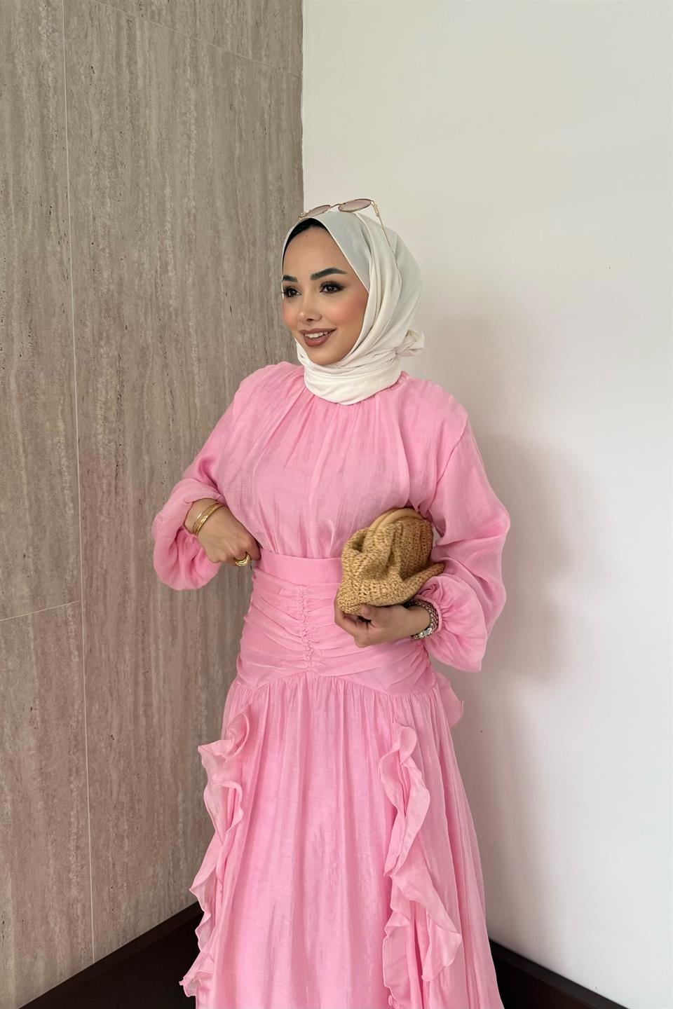 Fırfırlı Vual Etekli Takım - Pembe