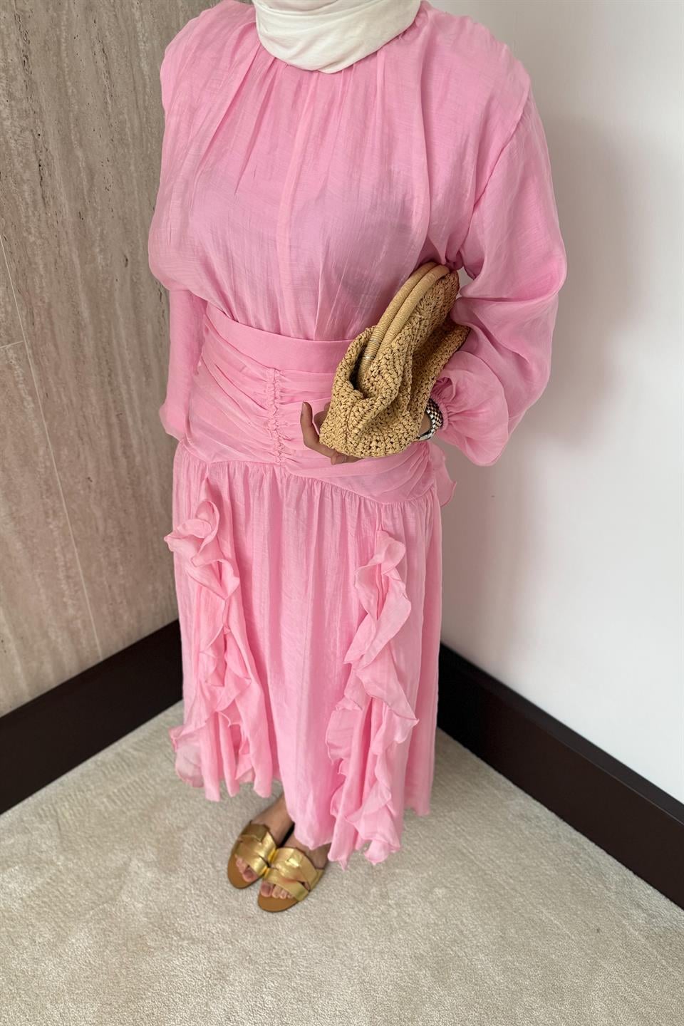 Fırfırlı Vual Etekli Takım - Pembe