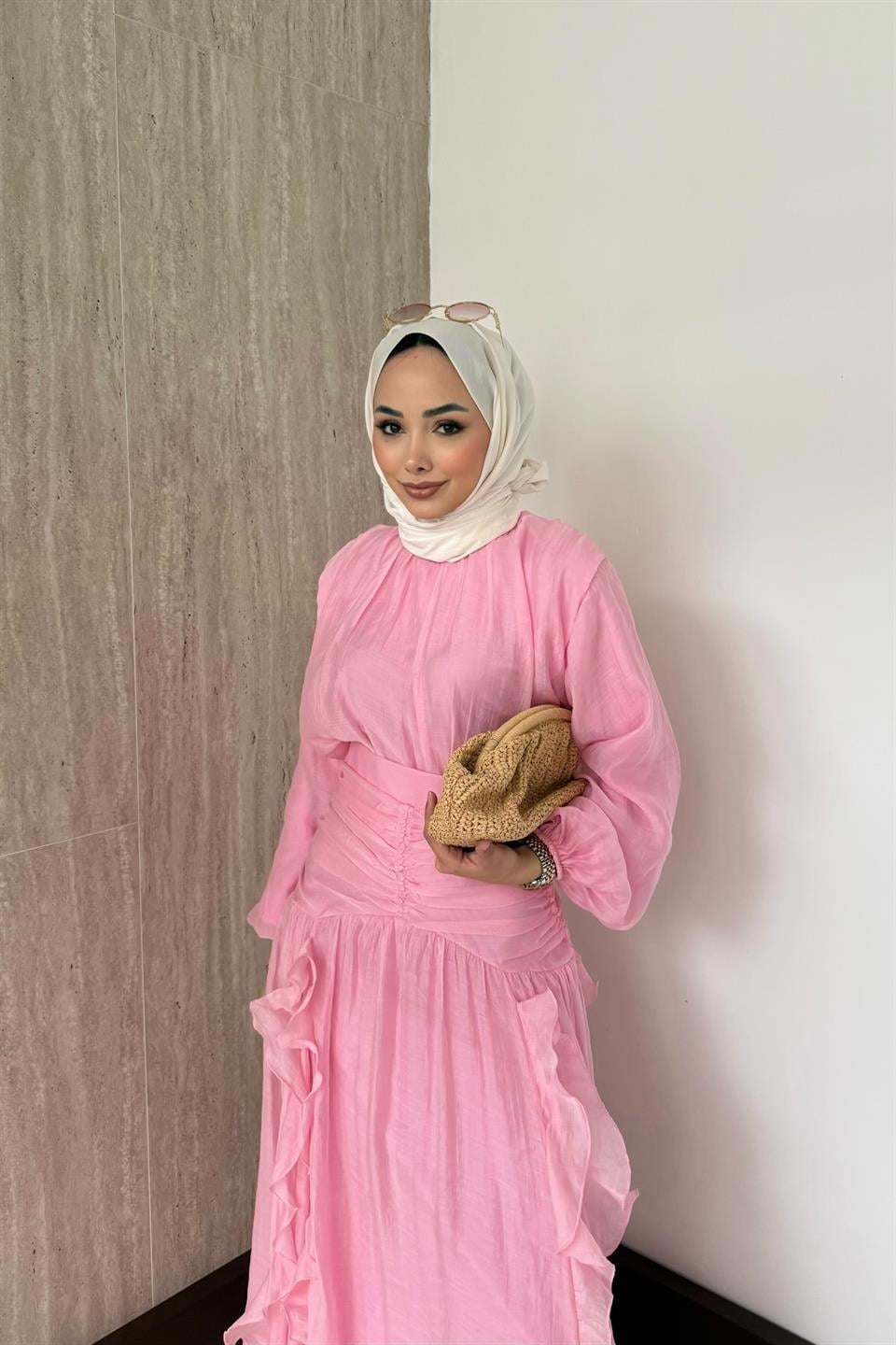 Fırfırlı Vual Etekli Takım - Pembe