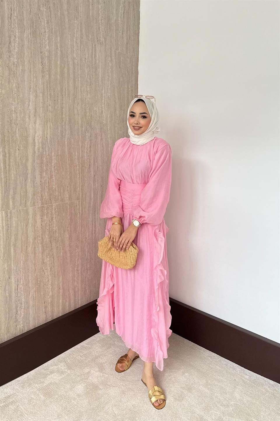 Fırfırlı Vual Etekli Takım - Pembe