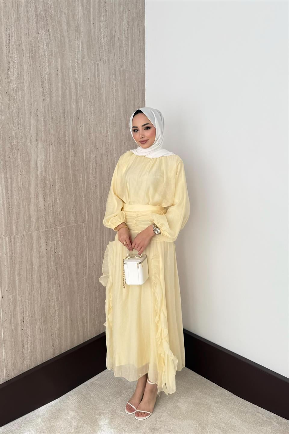 Fırfırlı Vual Etekli Takım - Sarı