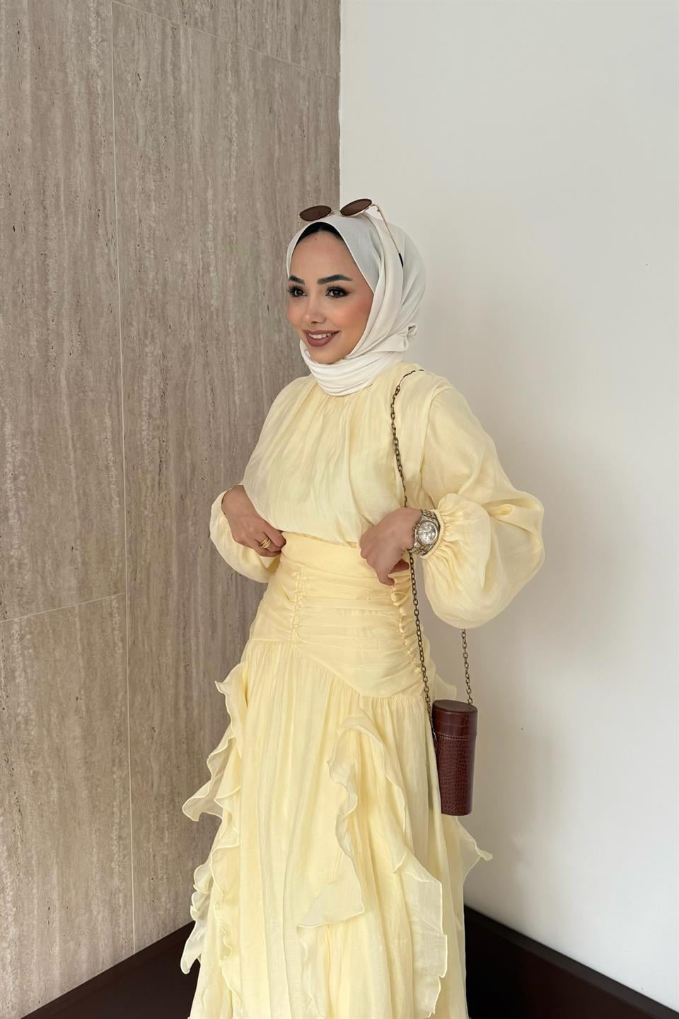 Fırfırlı Vual Etekli Takım - Sarı