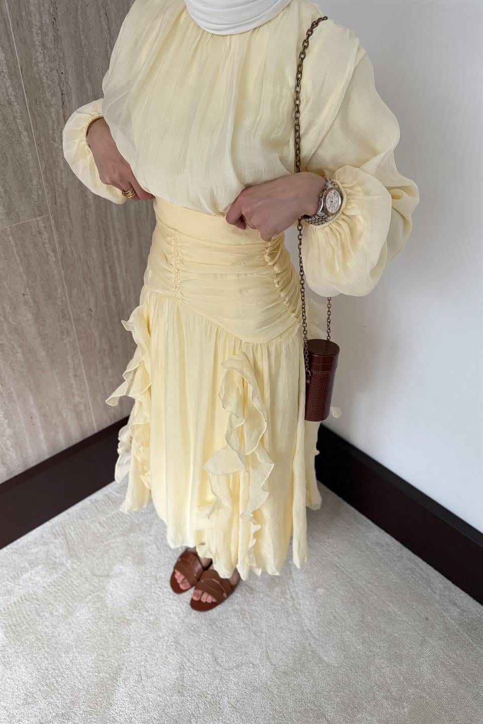 Fırfırlı Vual Etekli Takım - Sarı