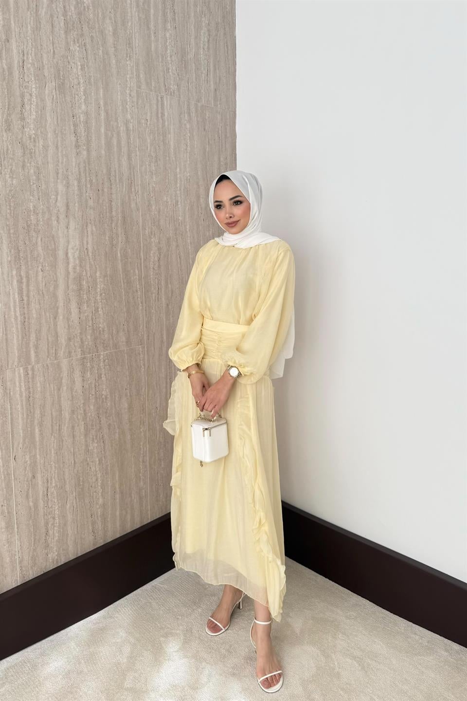 Fırfırlı Vual Etekli Takım - Sarı