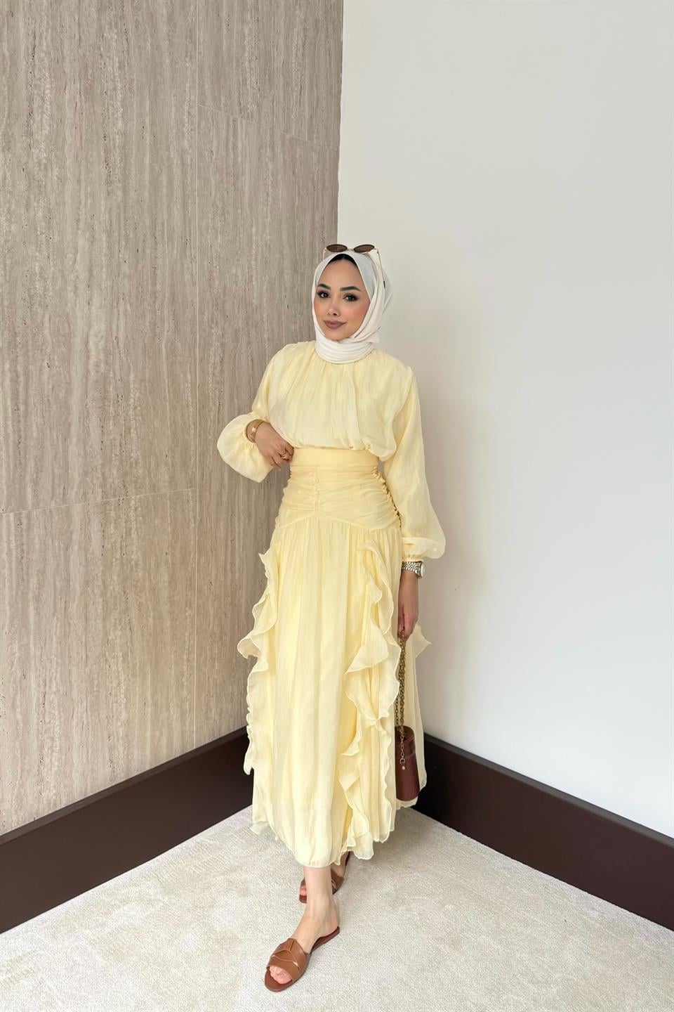 Fırfırlı Vual Etekli Takım - Sarı