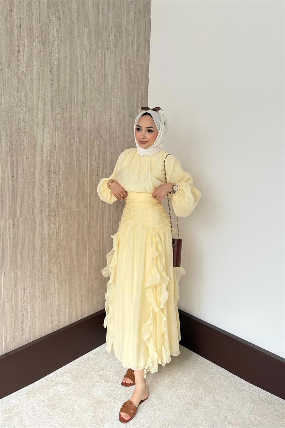 Fırfırlı Vual Etekli Takım - Sarı