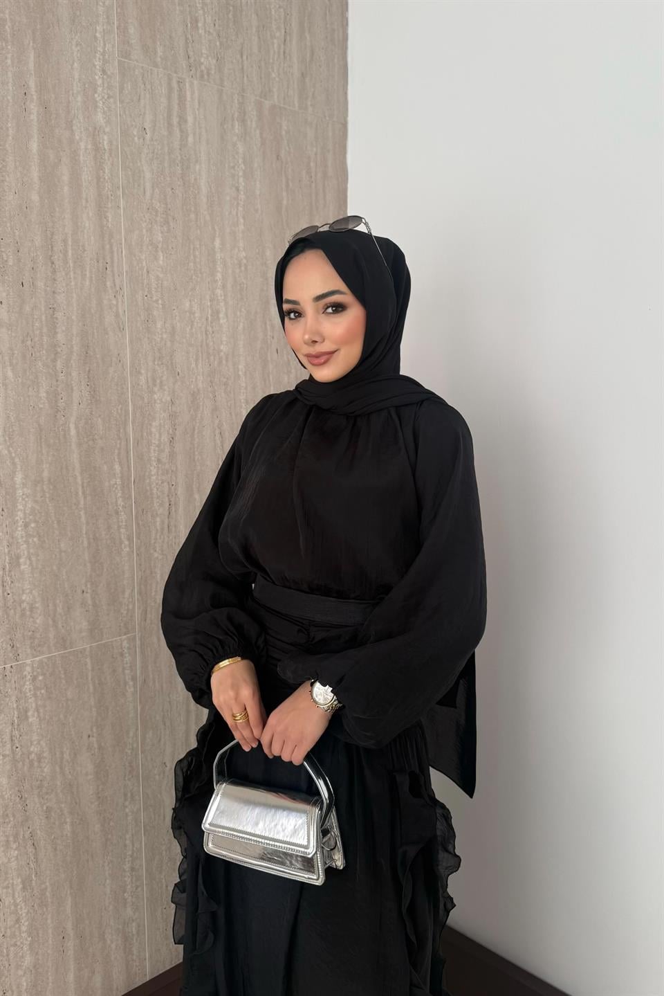 Fırfırlı Vual Etekli Takım - Siyah