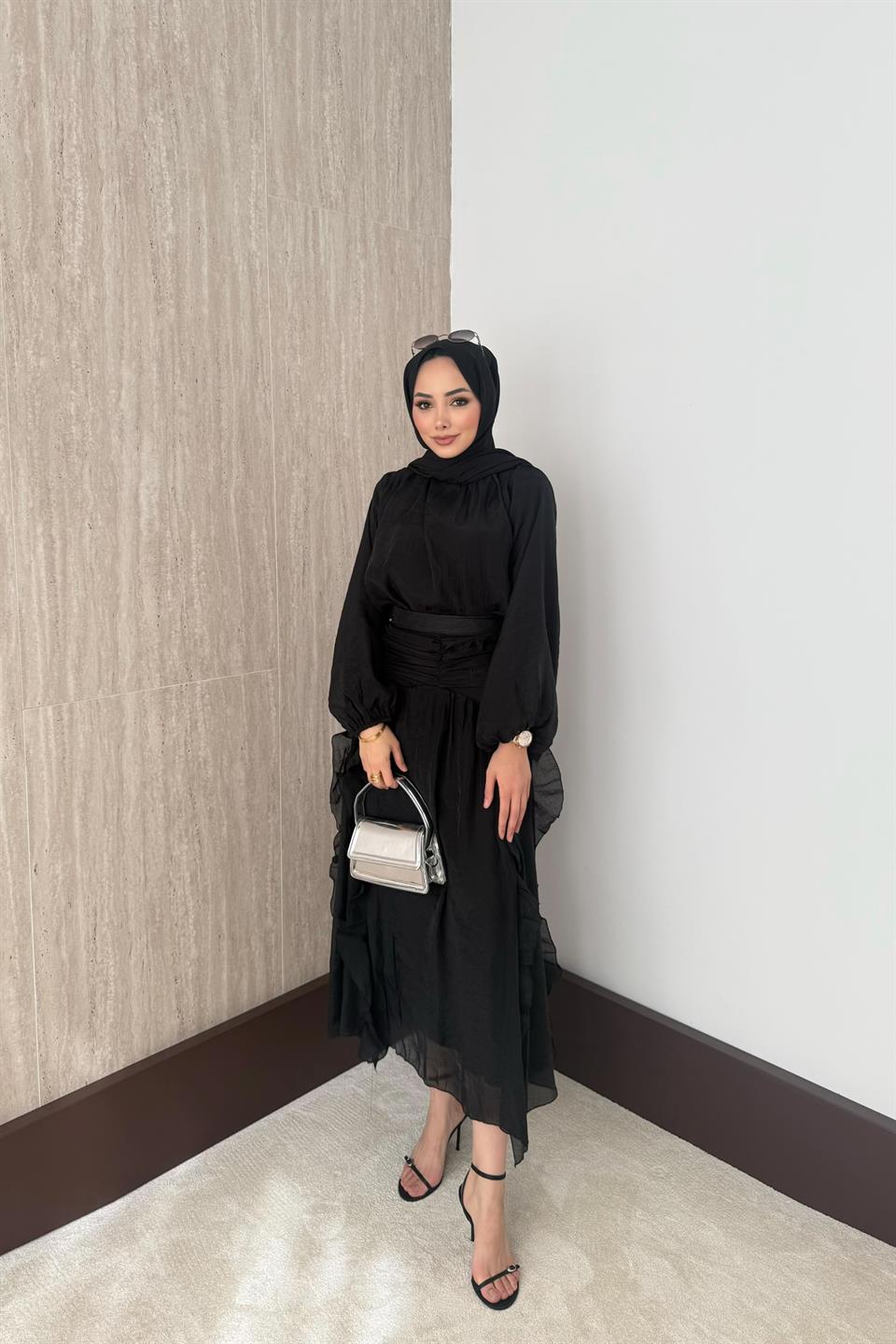 Fırfırlı Vual Etekli Takım - Siyah