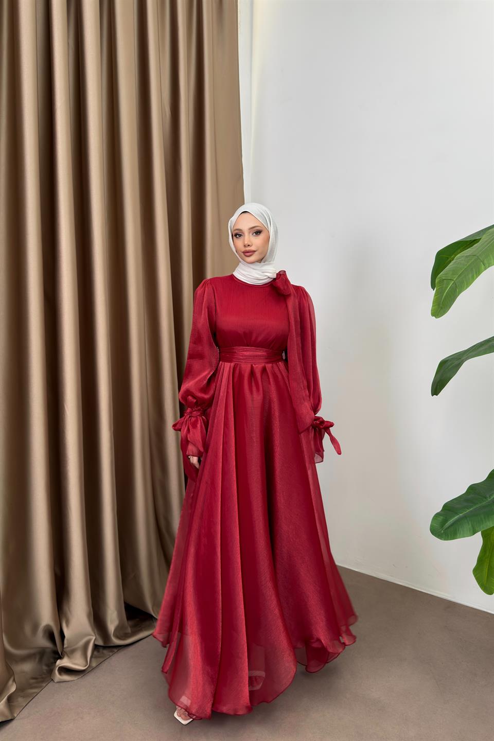 Fiyonk Bağlamalı Şifon Elbise - Kırmızı