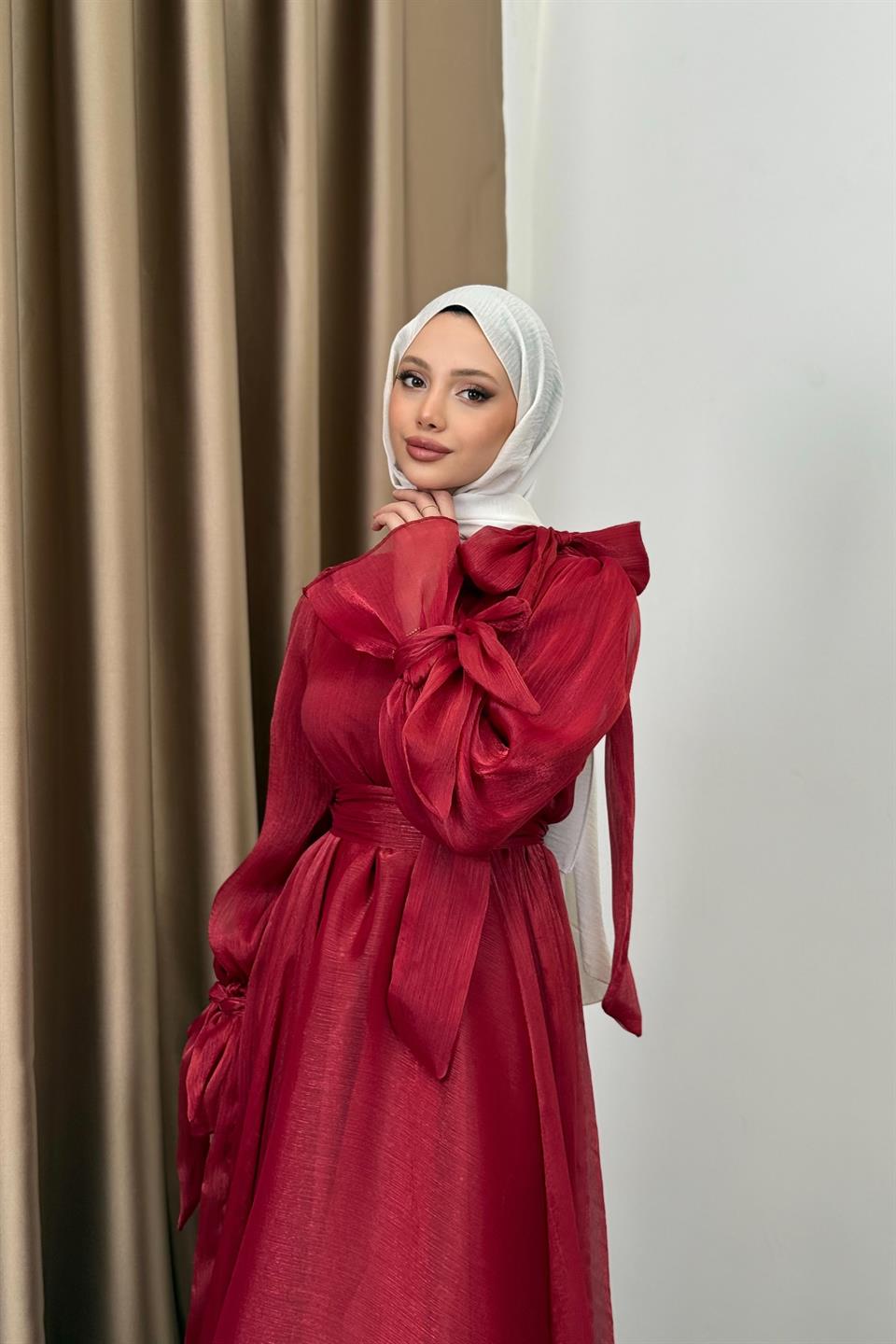 Fiyonk Bağlamalı Şifon Elbise - Kırmızı