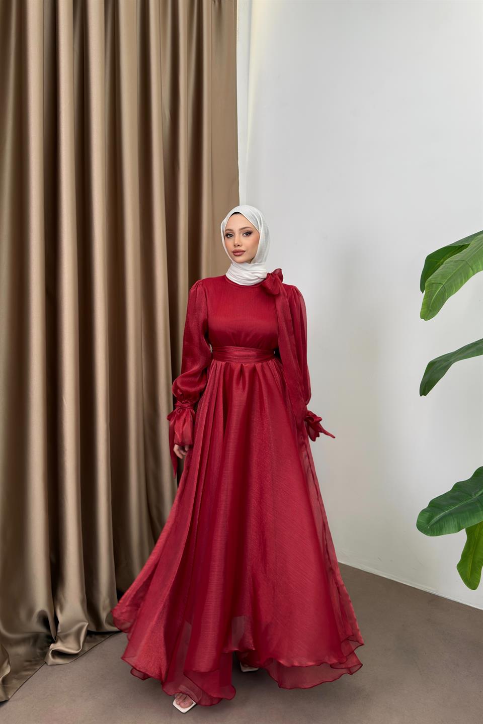 Fiyonk Bağlamalı Şifon Elbise - Kırmızı