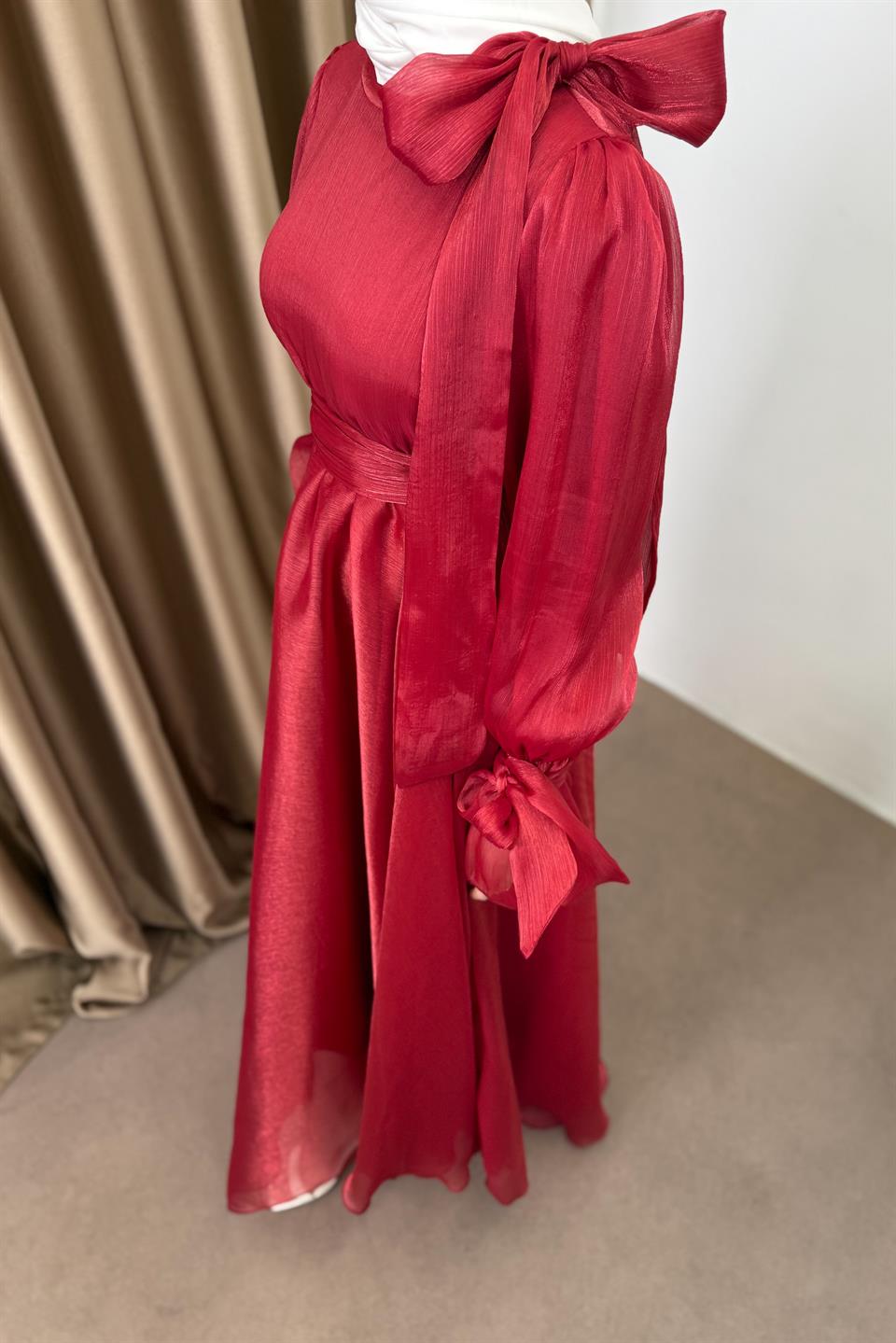 Fiyonk Bağlamalı Şifon Elbise - Kırmızı