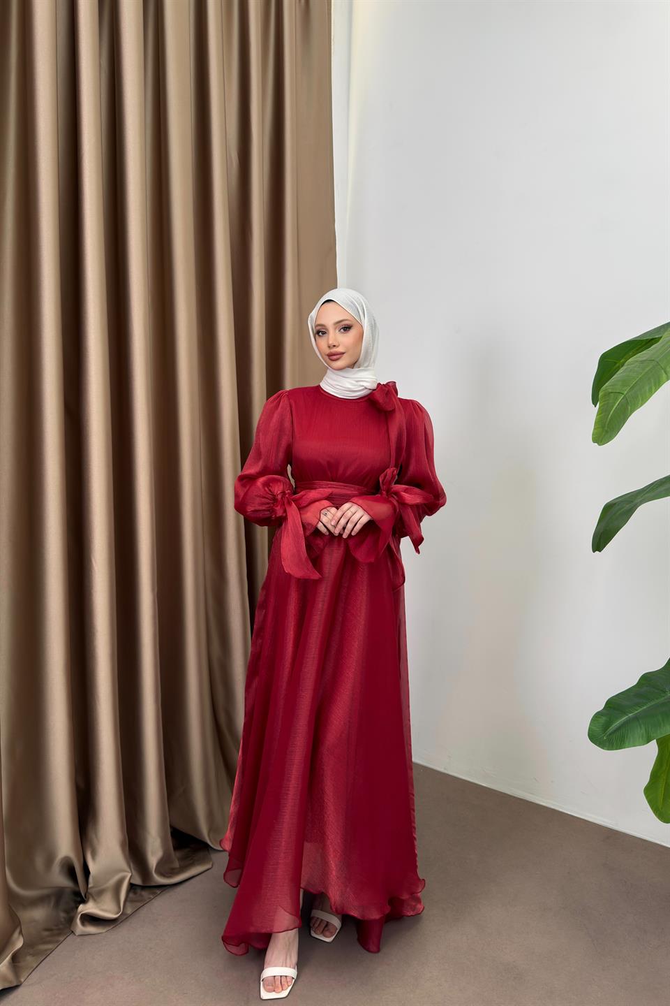 Fiyonk Bağlamalı Şifon Elbise - Kırmızı