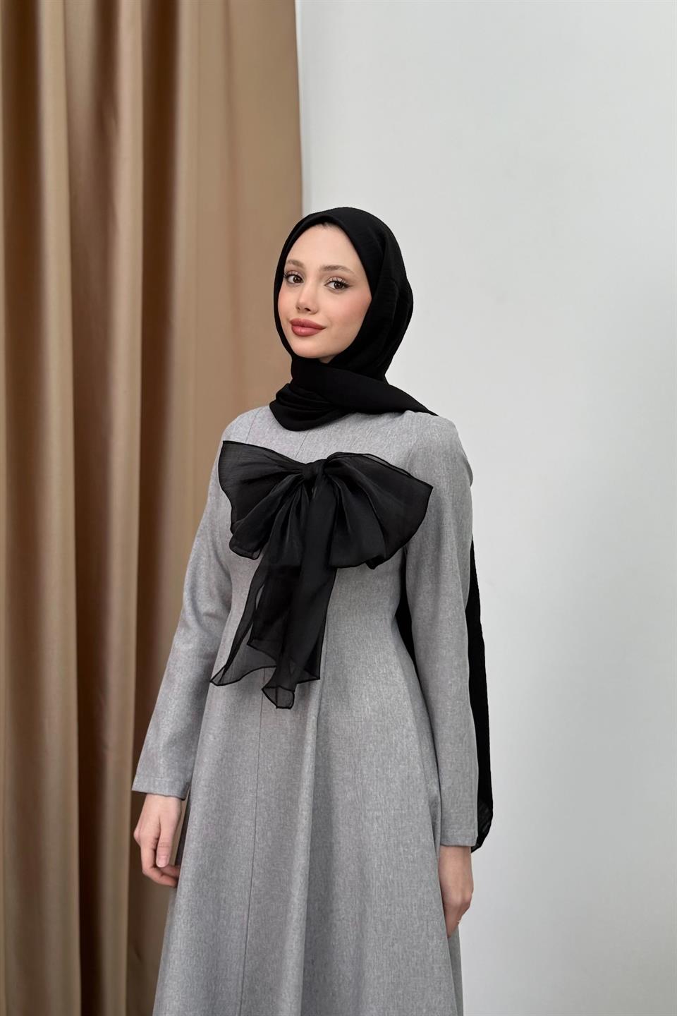 Fiyonklu Belden Oturtmalı Elbise - Gri