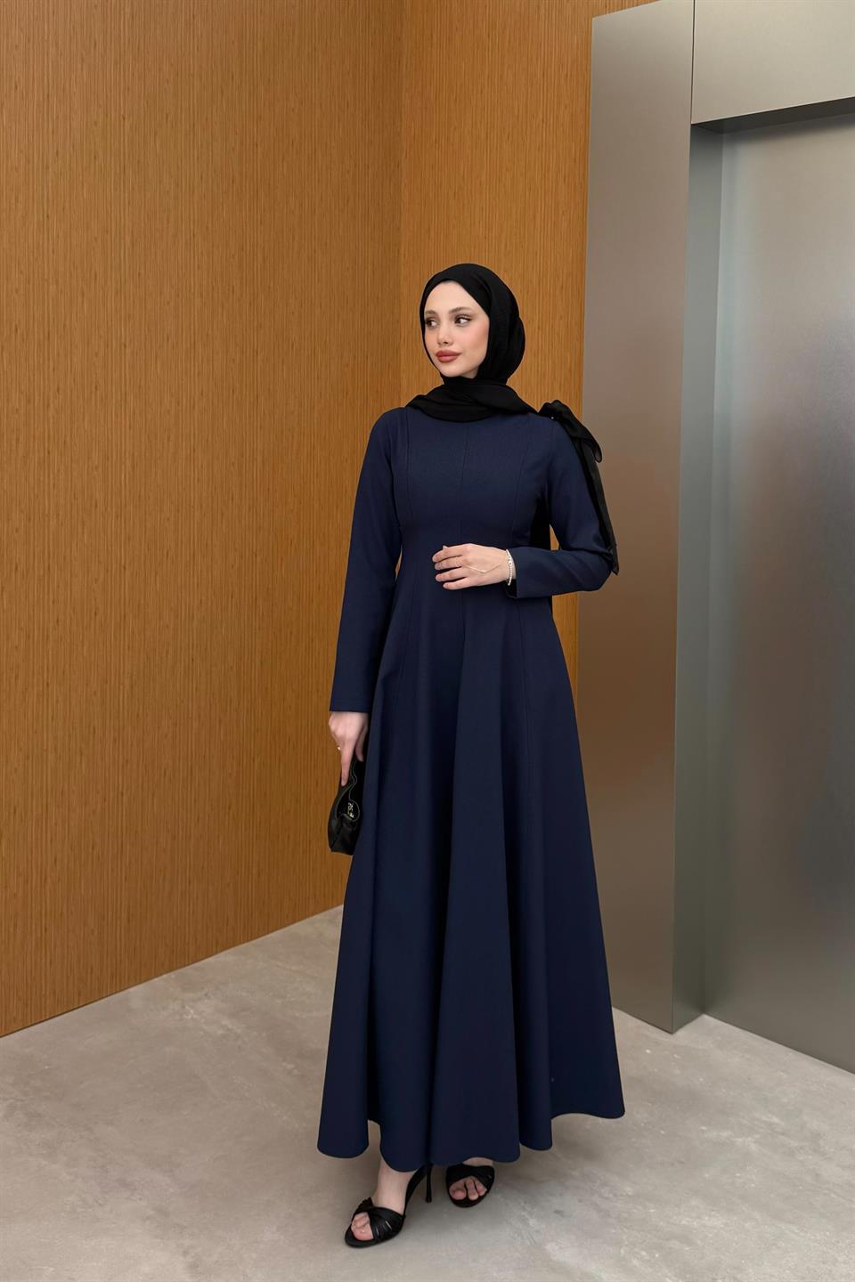 Fiyonklu Belden Oturtmalı Elbise - Lacivert