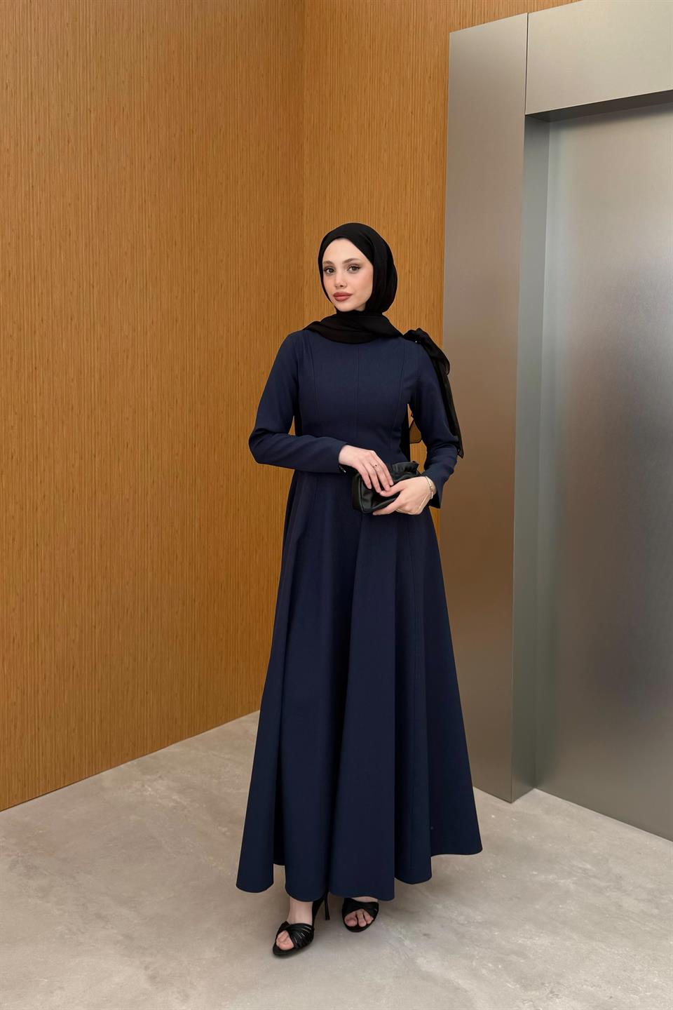 Fiyonklu Belden Oturtmalı Elbise - Lacivert