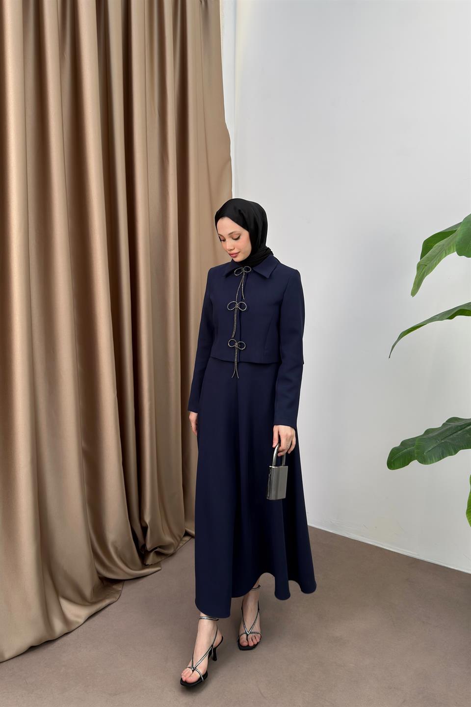 Bow Skirt Suit - Navy Blue