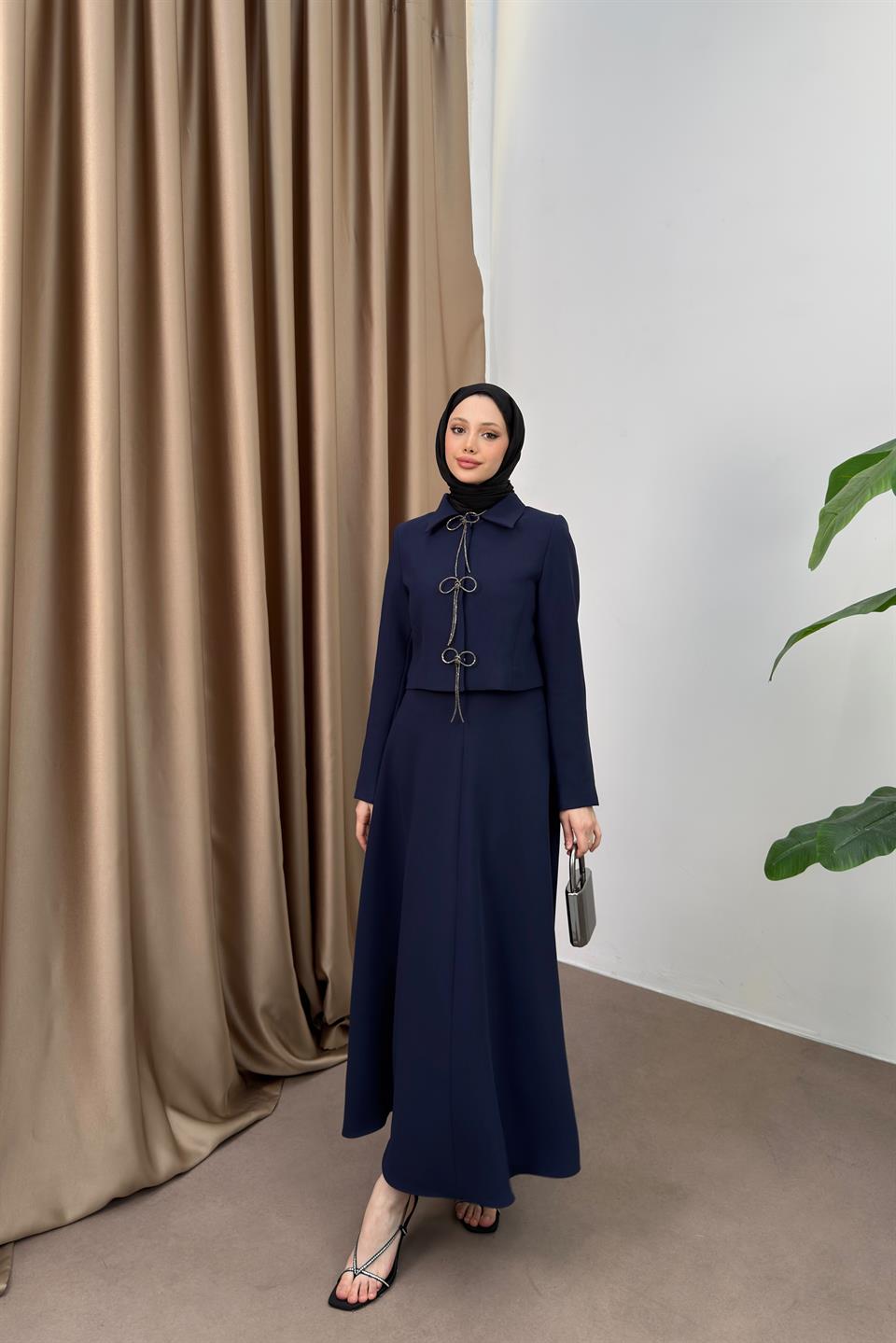 Bow Skirt Suit - Navy Blue
