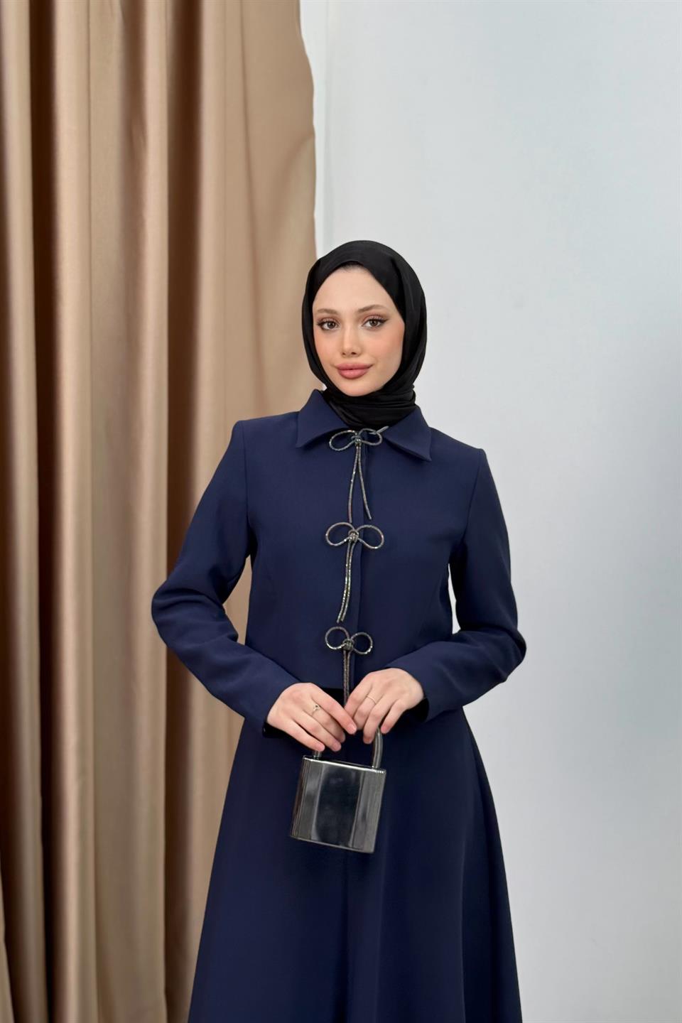Bow Skirt Suit - Navy Blue