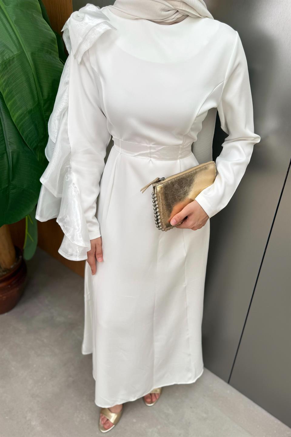 Fiyonklu Krep Elbise - Ekru