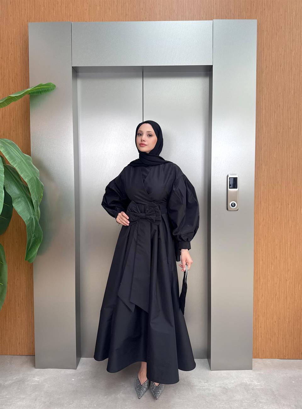 Bow Taffeta Dress - Black