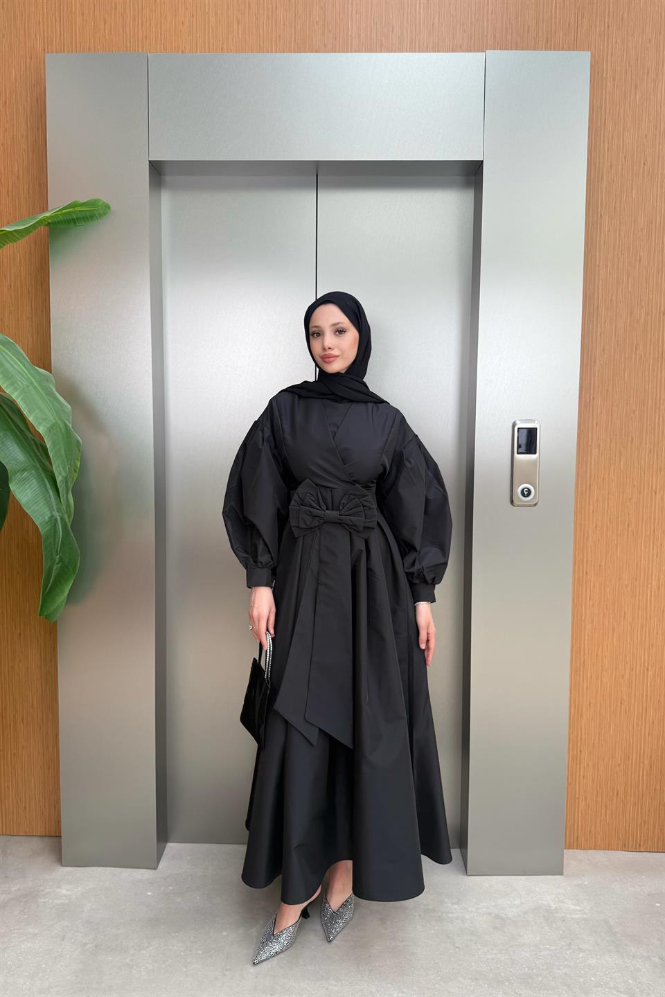 Bow Taffeta Dress - Black