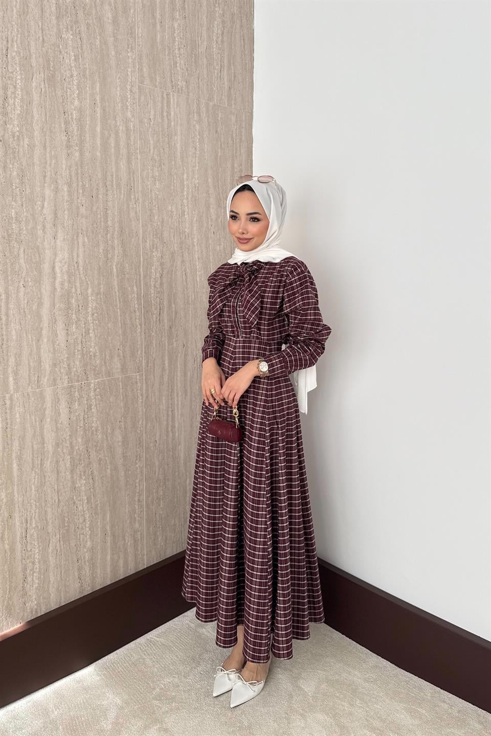 Fular Bağlamalı Ekose Etekli Takım - Bordo