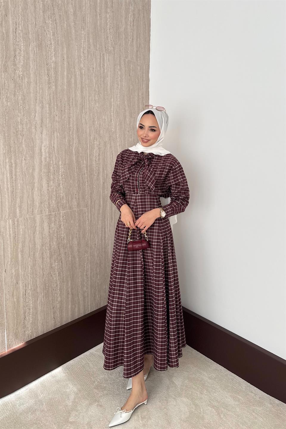 Fular Bağlamalı Ekose Etekli Takım - Bordo