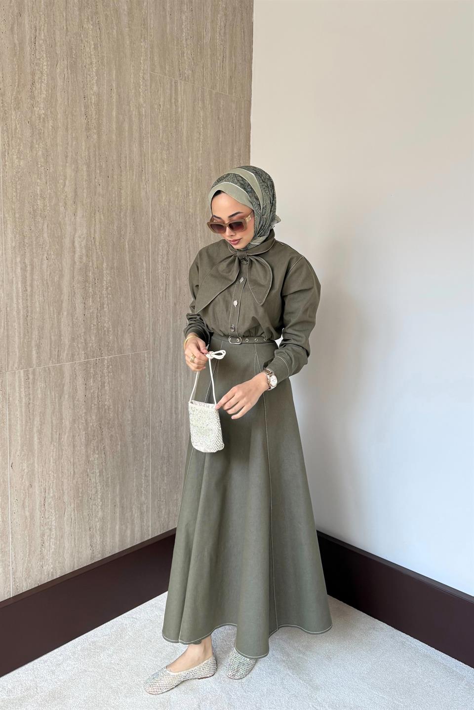 Fular Bağlamalı Kemerli Kot Elbise - Haki