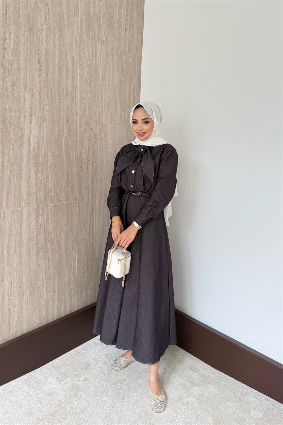 Fular Bağlamalı Kemerli Kot Elbise - Mürdüm