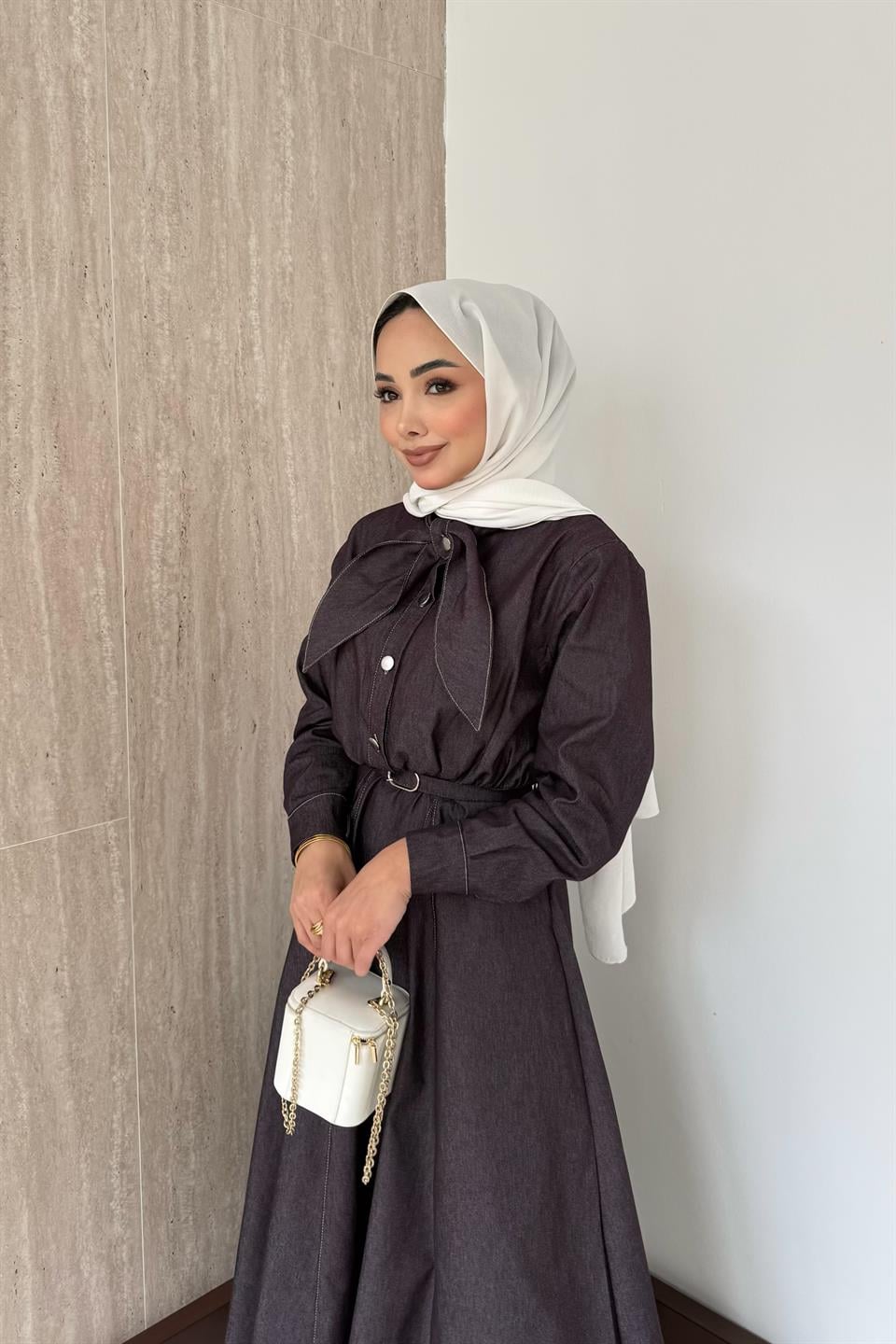 Fular Bağlamalı Kemerli Kot Elbise - Mürdüm