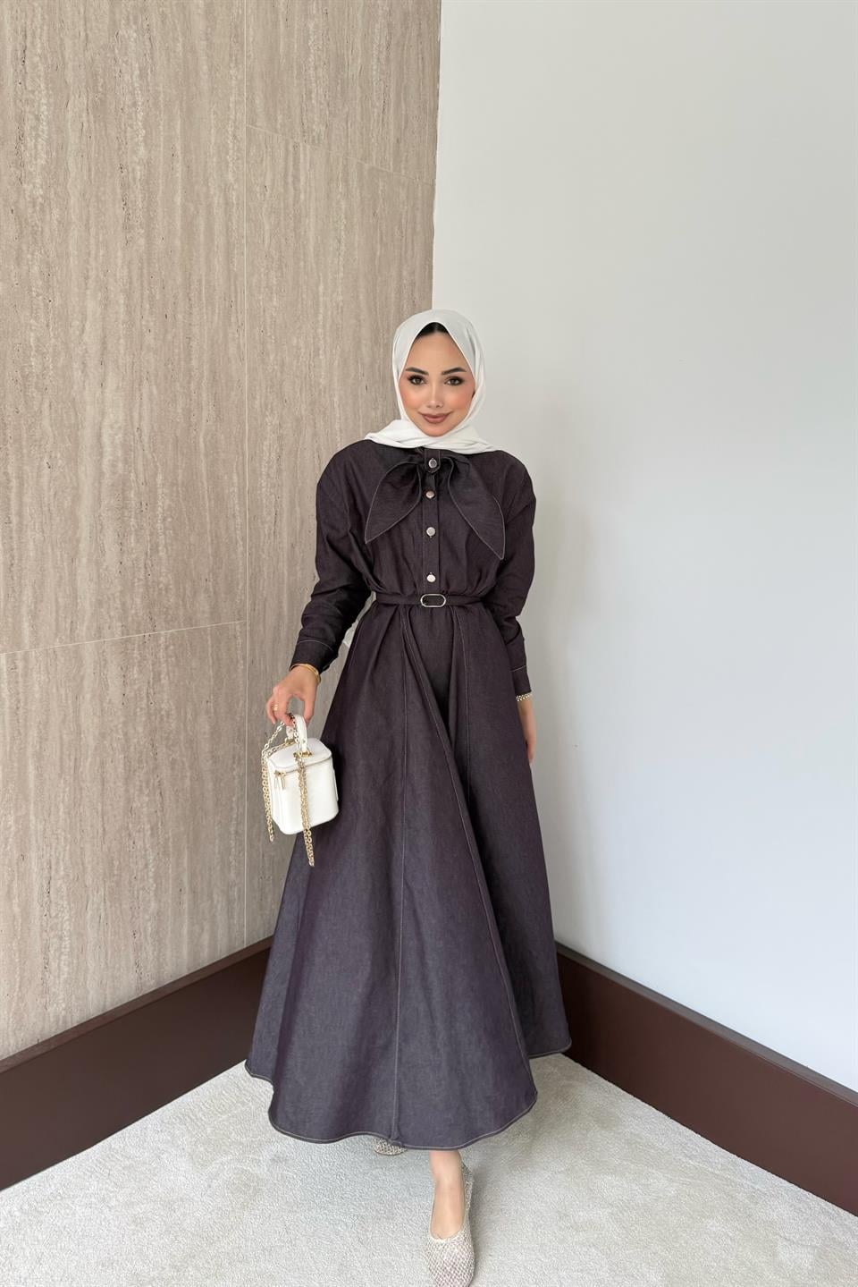 Fular Bağlamalı Kemerli Kot Elbise - Mürdüm