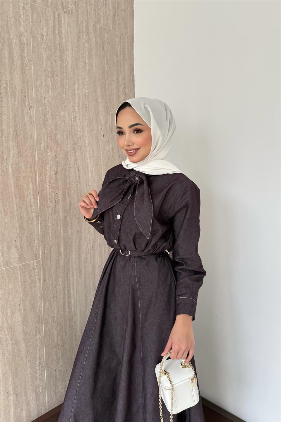 Fular Bağlamalı Kemerli Kot Elbise - Mürdüm