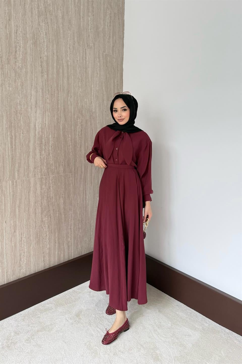 Fular Bağlamalı Modal Etekli Takım - Bordo