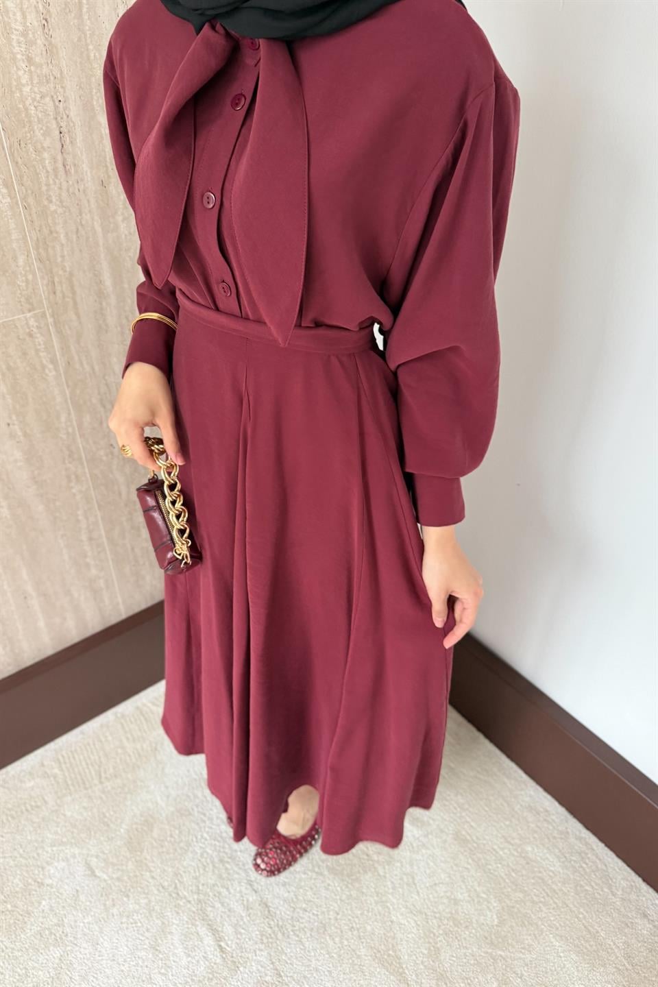 Fular Bağlamalı Modal Etekli Takım - Bordo