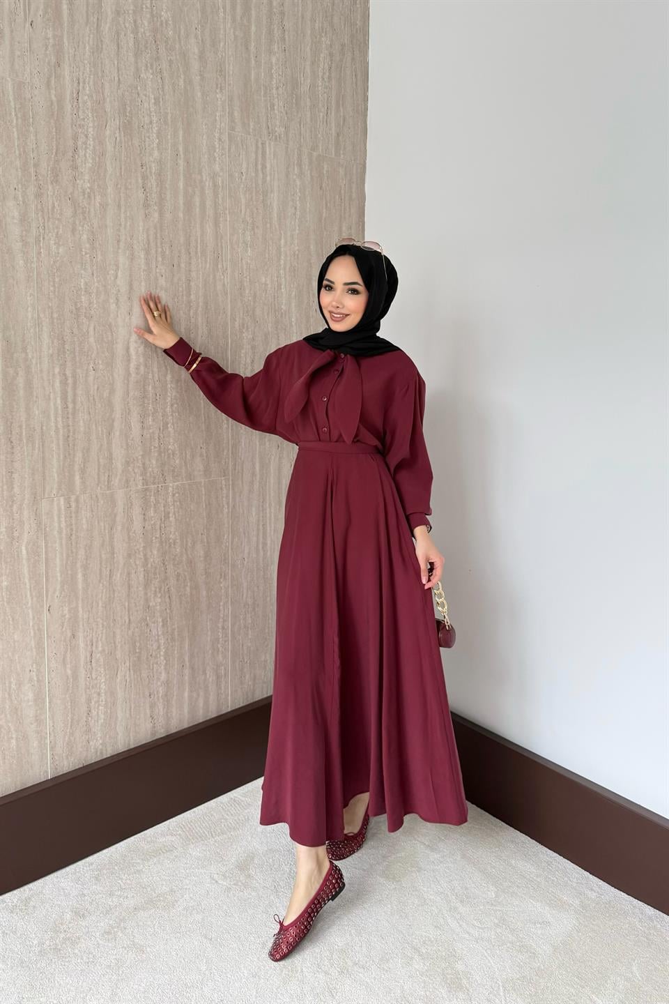 Fular Bağlamalı Modal Etekli Takım - Bordo