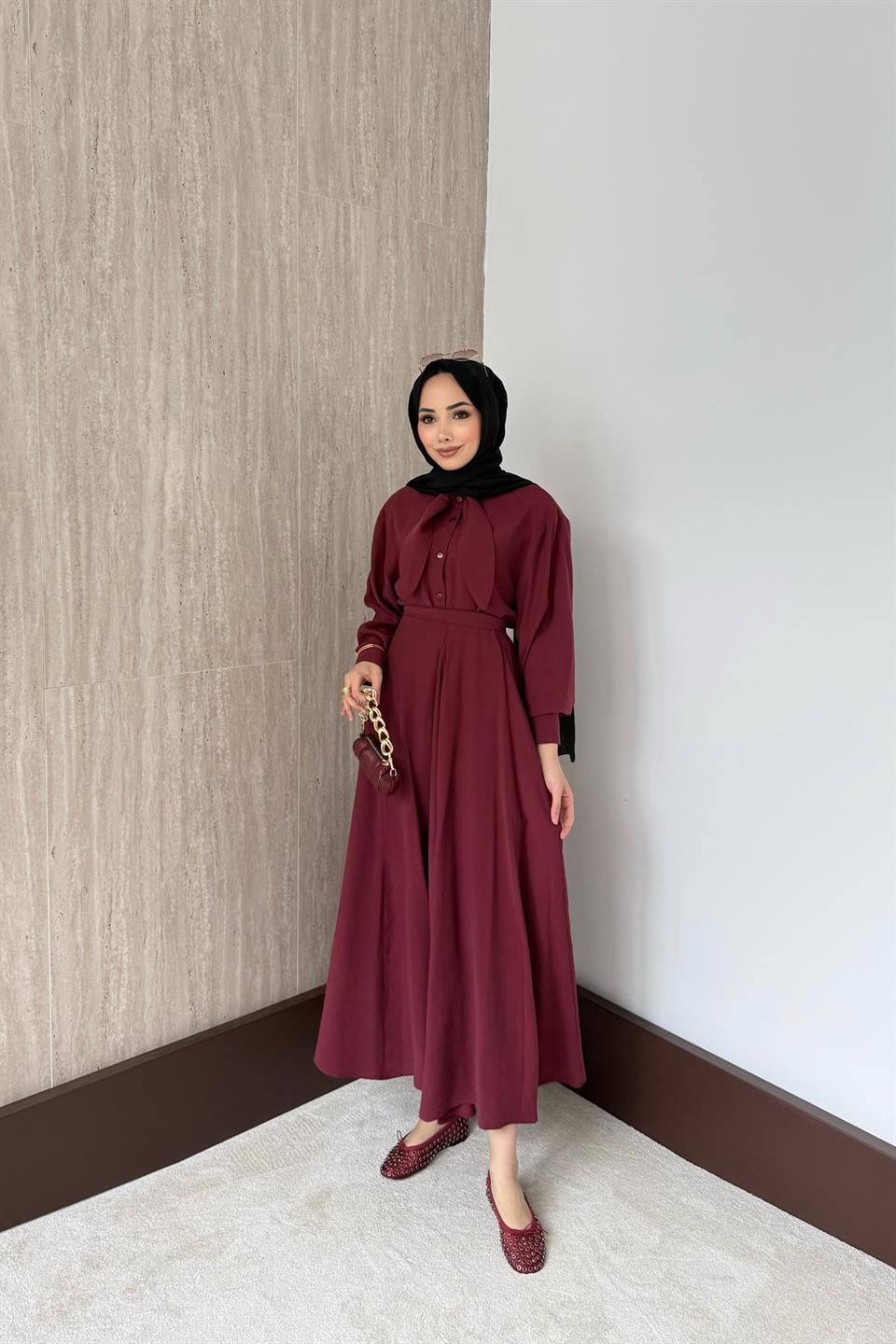 Fular Bağlamalı Modal Etekli Takım - Bordo