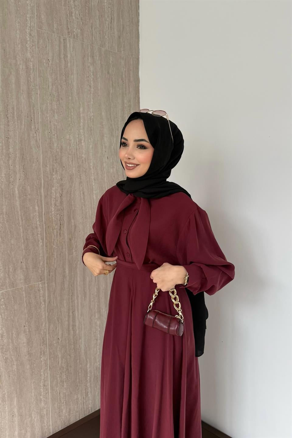 Fular Bağlamalı Modal Etekli Takım - Bordo