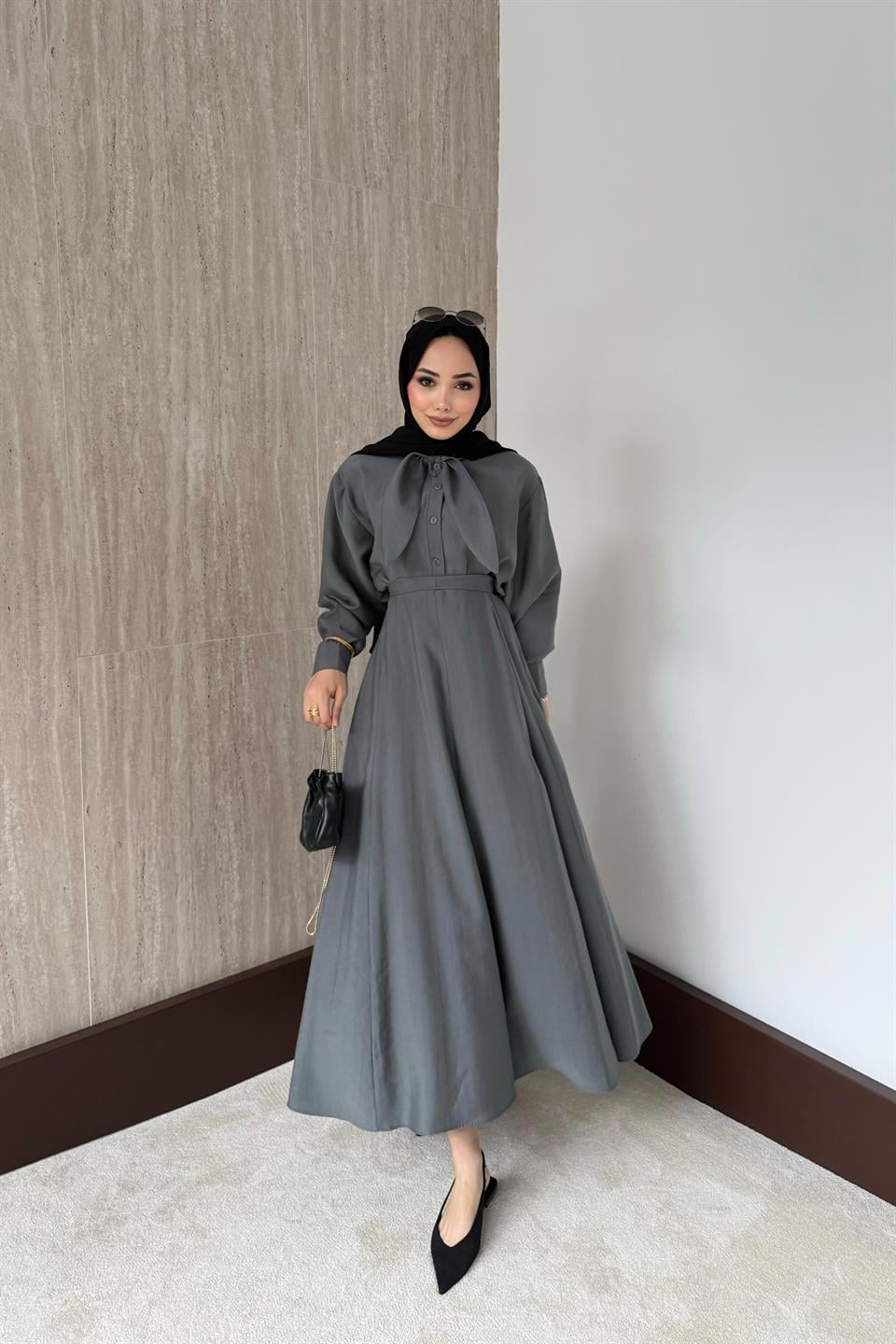 Fular Bağlamalı Modal Etekli Takım - Haki