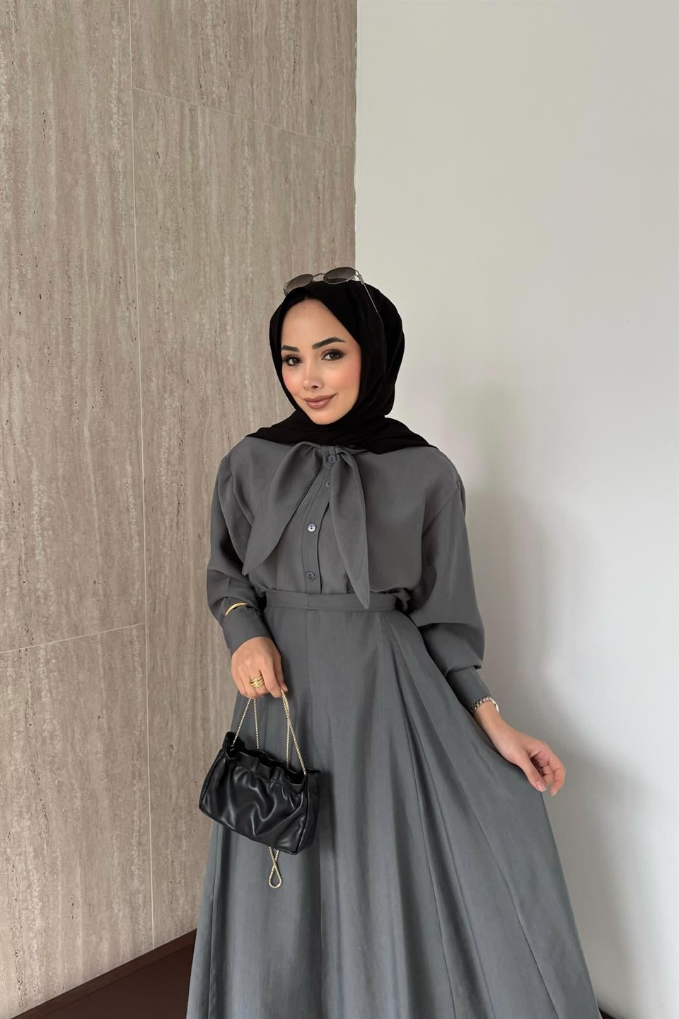 Fular Bağlamalı Modal Etekli Takım - Haki