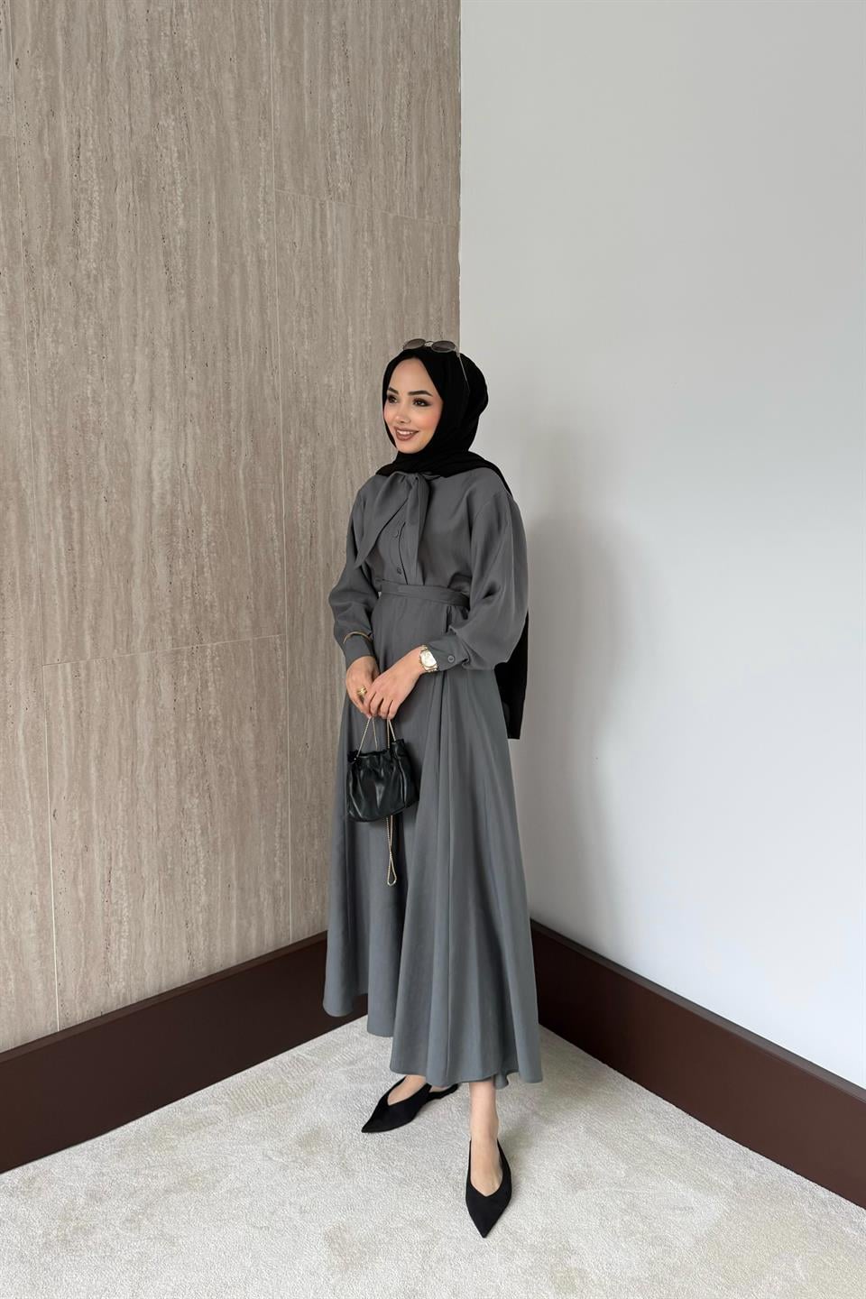 Fular Bağlamalı Modal Etekli Takım - Haki