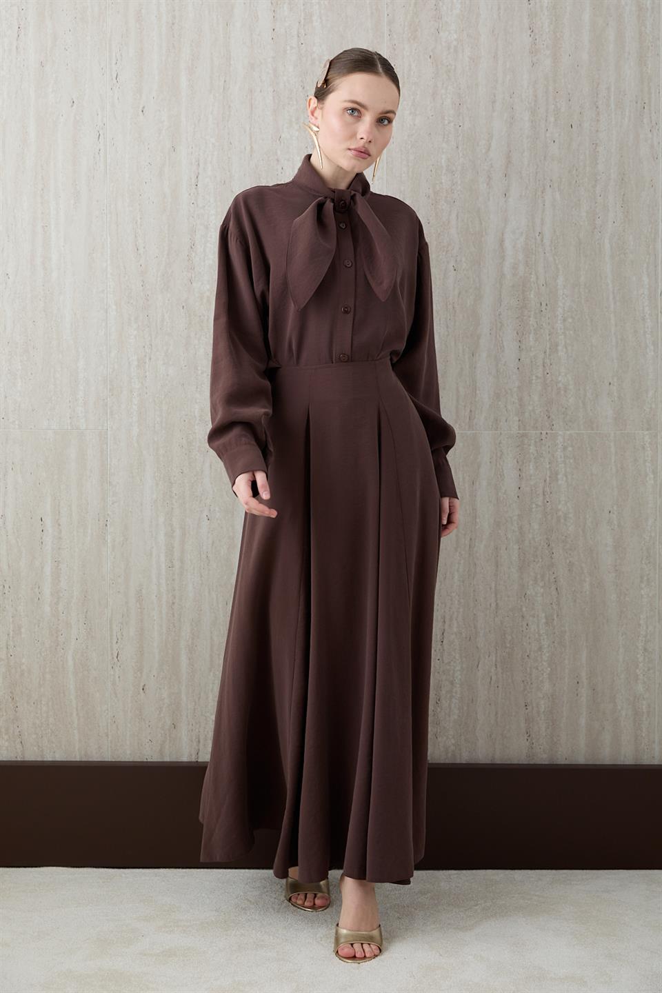 Fular Bağlamalı Modal Etekli Takım - Kahve