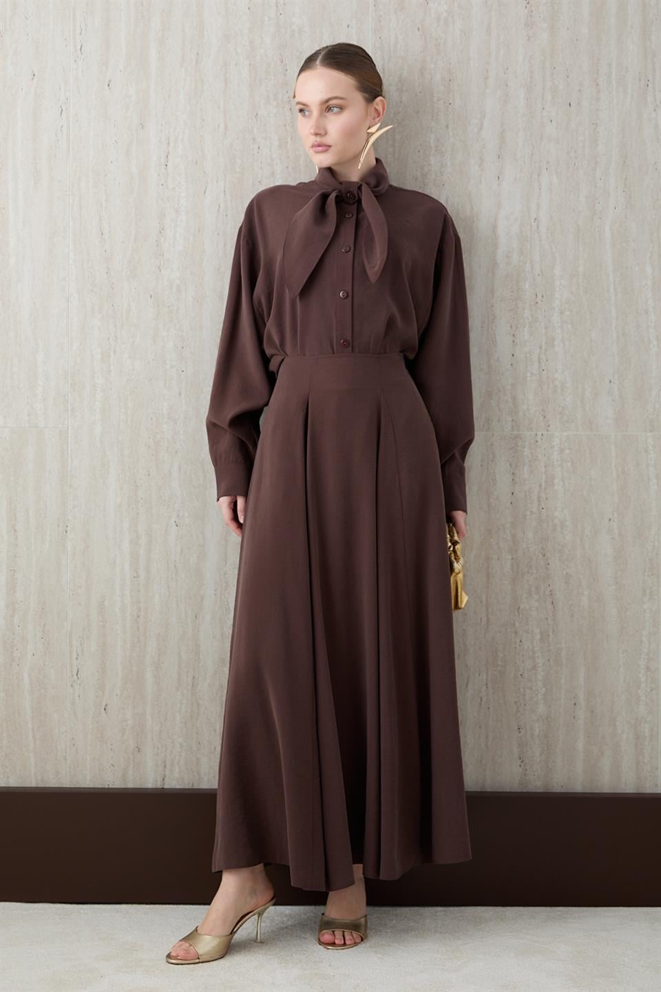 Fular Bağlamalı Modal Etekli Takım - Kahve