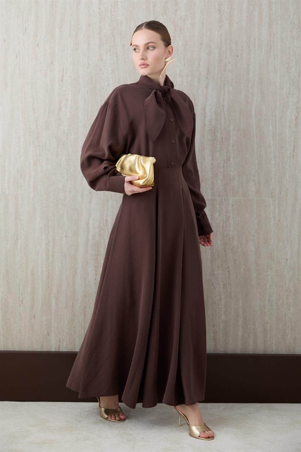 Fular Bağlamalı Modal Etekli Takım - Kahve