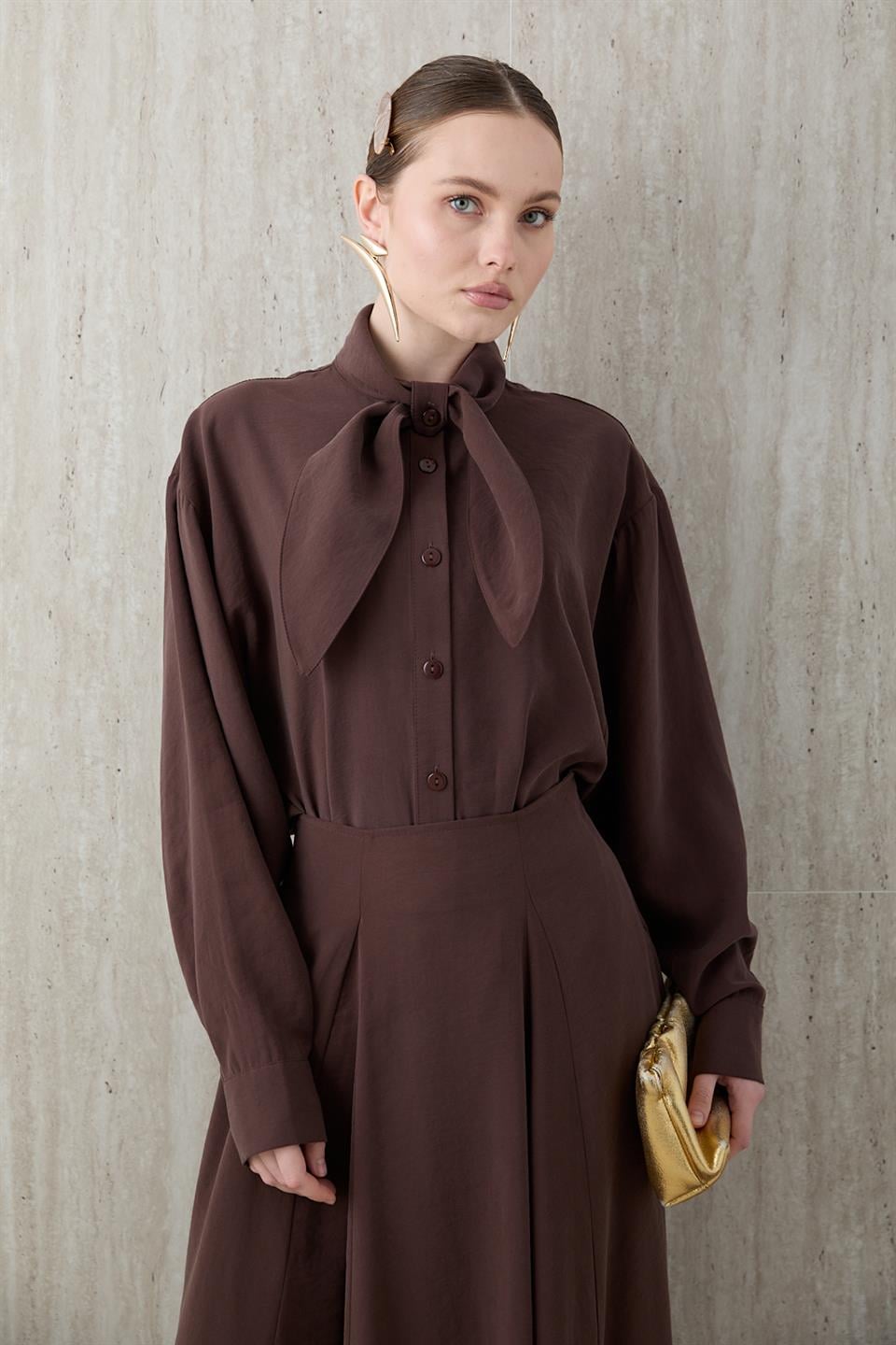 Fular Bağlamalı Modal Etekli Takım - Kahve