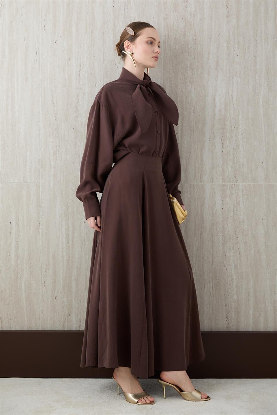 Fular Bağlamalı Modal Etekli Takım - Kahve