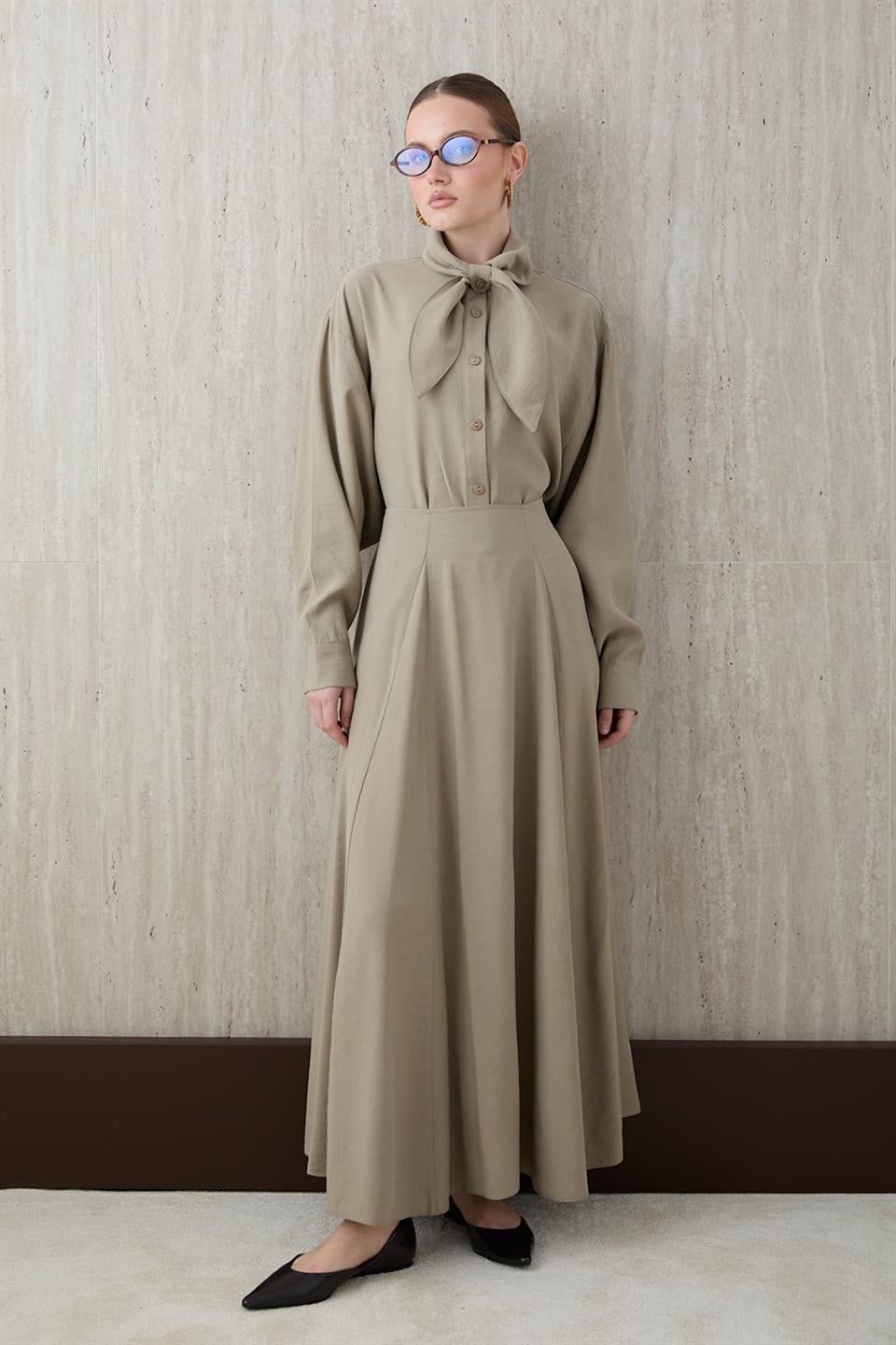 Fular Bağlamalı Modal Etekli Takım - Taş